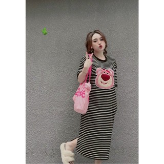 Đầm sọc gấu bông thun gân dưới 52kg