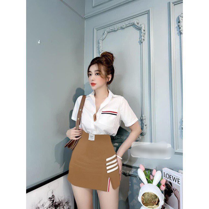 SET SƠ MI THOME áo tay ngắn kèm chân váy (Có quần trong) (Size SML)