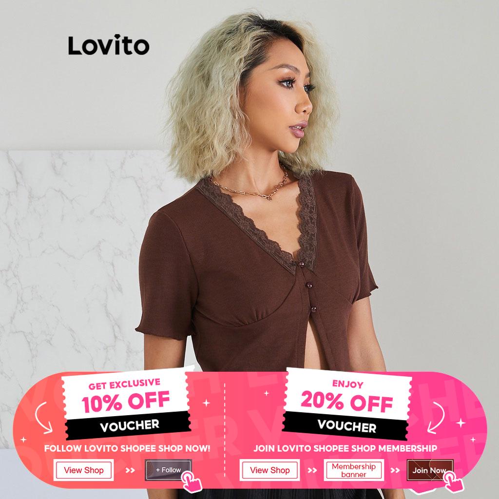 Áo Thun Crop Top Cổ Chữ V Màu Nâu Tương Phản Cài Nút Đơn Giản L22AD020