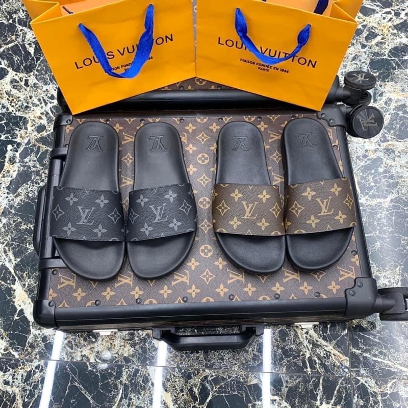 💥FREESHIP💥Dép lê L.V quai ngang vân hoa đen-Nâu_Dép Da L.V da thật hàng xuất khẩu FULLBOX