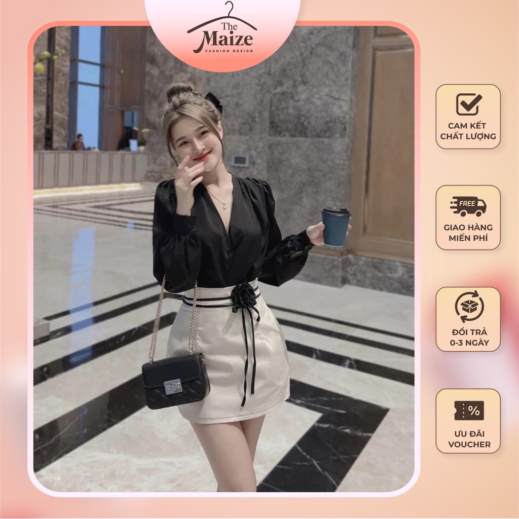 Đồ bộ nữ sang chảnh local brand Maize set áo sơ mi chân váy chữ A ngắn công sở kèm hoa và dây thắt eo siêu xinh