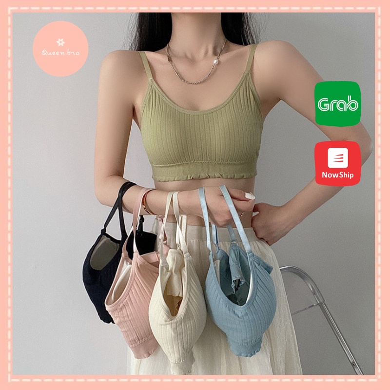 Áo bra cotton hai dây thun tăm cao cấp, thiết kế viền nhún mềm mại, Queen.Nga