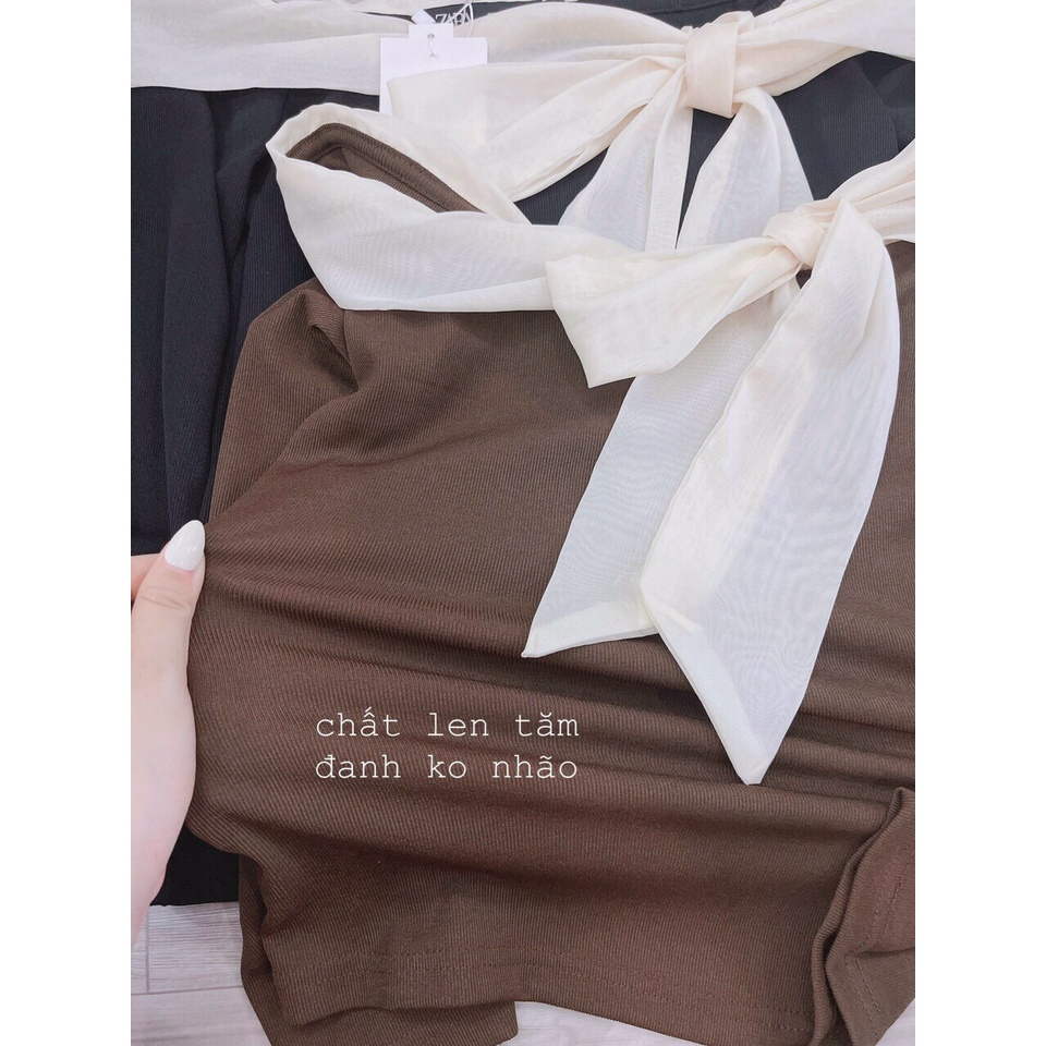 Áo trễ vai body có nơ phối cổ tơ tôn dáng, Áo cup ngực mỏng phối nơ ngang ngực phải hàng xịn