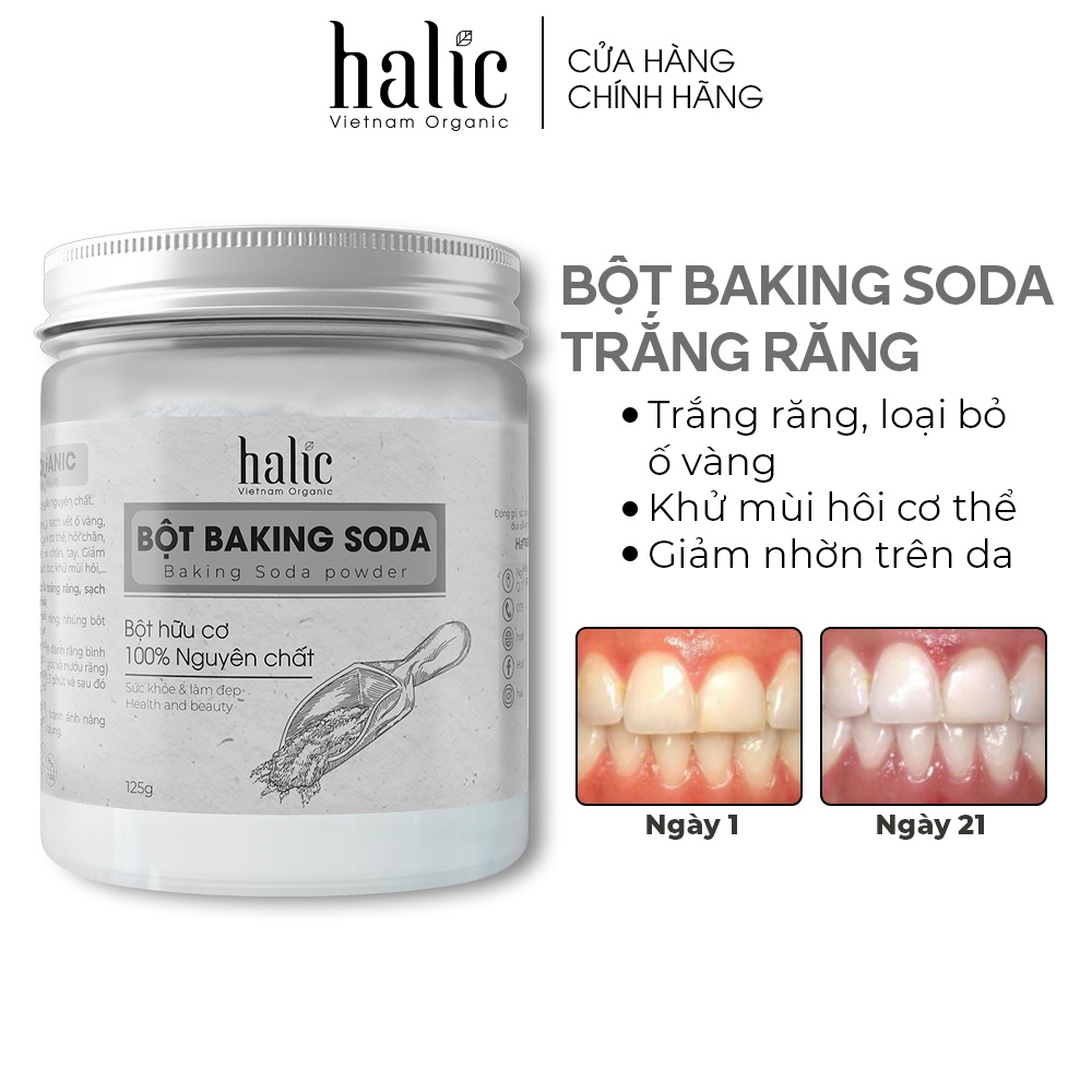 Bột trắng răng Baking Soda Halic Organic 125G dùng đánh răng trắng, loại bỏ vết ố vàng, khử mùi hôi miệng
