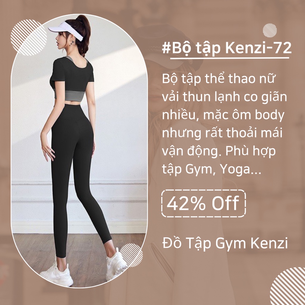 Bộ quần áo tập gym nữ vải co giãn 4 chiều có mút ngực - Set quần dài và áo croptop ngắn tay KENZI-72