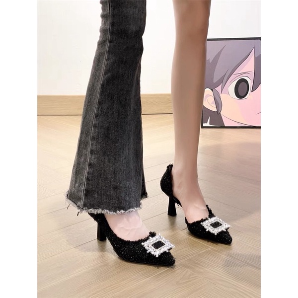 Giày cao gót dạ Tweed mũi nhọn đính đá vuông sang chảnh