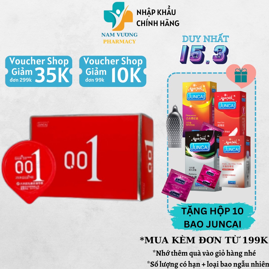 Bao cao su Juncai 001 Ultra Slim - Siêu mỏng- Trơn - Nhiều gel - Kéo dài thời gian - Hộp 10 bao - Nam Vương Pharmacy