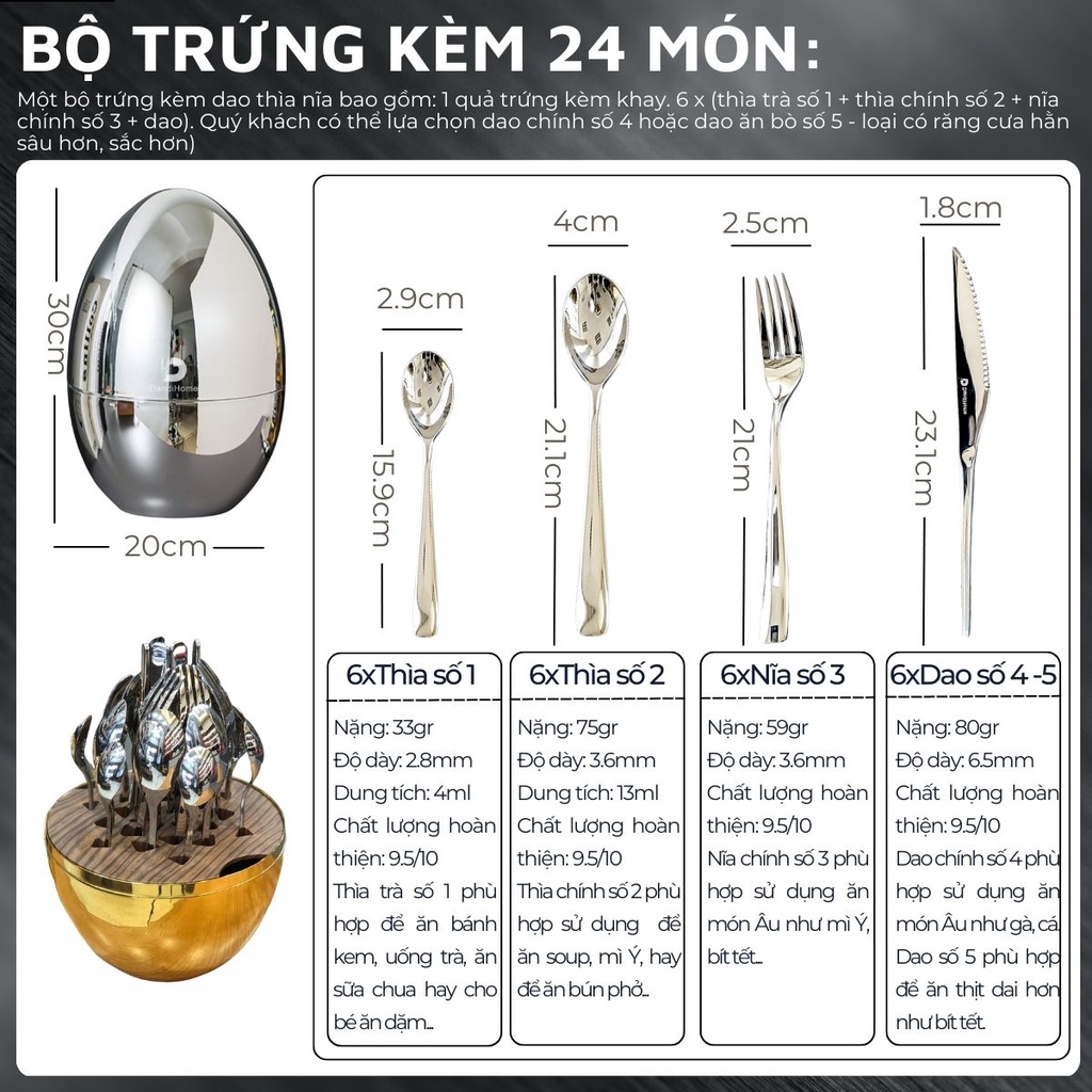 Bộ dụng cụ bàn ăn dao thìa nĩa Inox 304 DandiHome cao cấp đi kèm hộp sang trọng