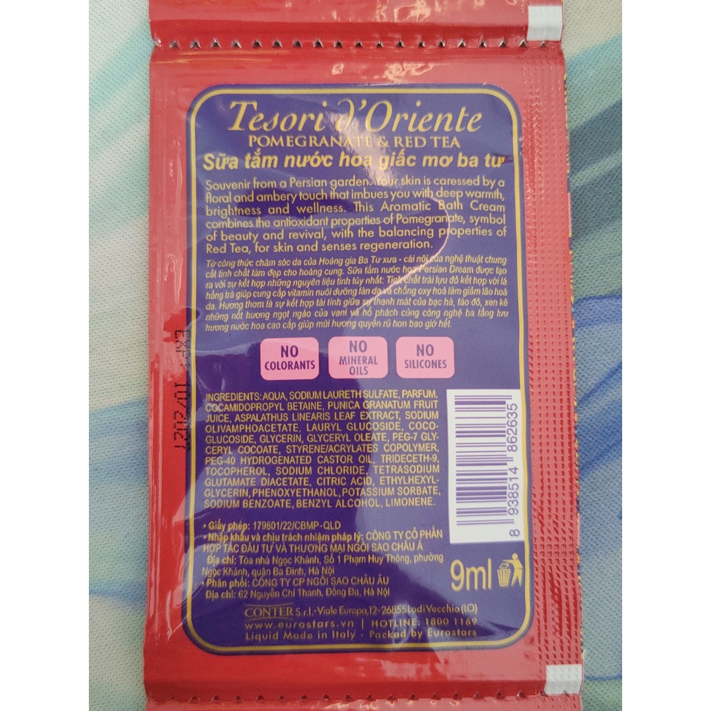SALE HÀNG CHÍNH HÃNG - Gói dùng thử sữa tắm Tesori d’Oriente Giấc mơ Ba Tư 9ml- Tiện ích khi du lịch