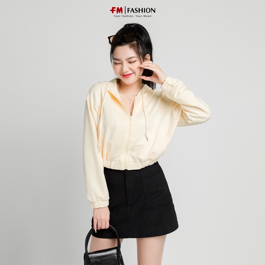 Áo khoác chống nắng nữ FM STYLE chất thun dày dặn dáng ngắn croptop dây kéo có mũ lớn rộng thoải mái 23020562