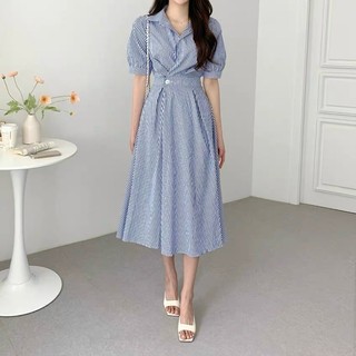 Đầm sọc xanh nút eo tay ngắn
