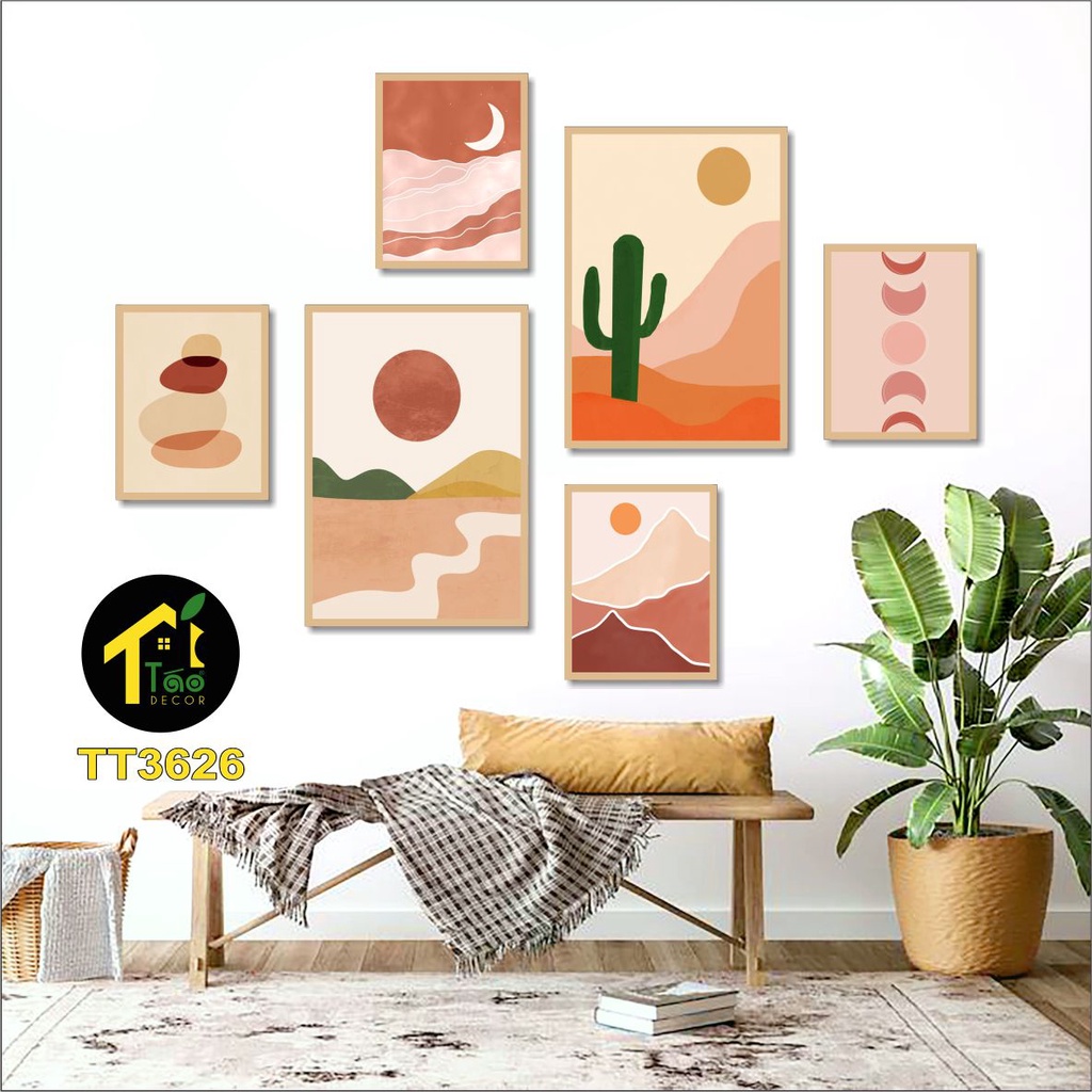 Tranh treo tường 6 bức, tranh dán tường trừu tượng decor trang trí phòng khách có sẵn keo, canvas, Táo Decor