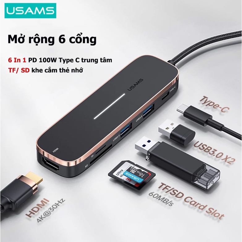 Usams Bộ Chia Cổng USB Type C 6 Trong 1 100W Sang HDMI TF SD Cho Laptop Máy Tính Bảng