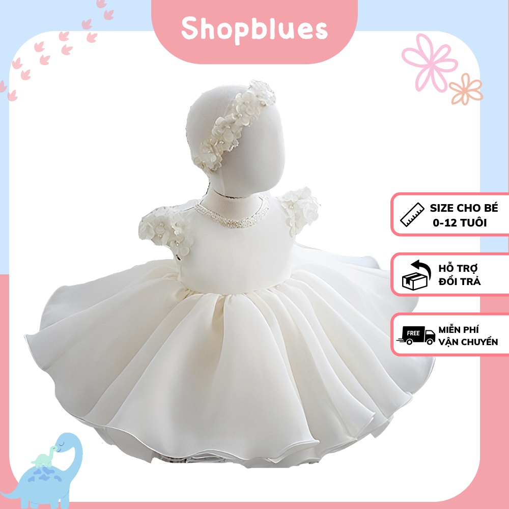 Váy trẻ em SHOPBLUES voan trắng tay bông đính ngọc cho bé gái từ 0-12 tuổi