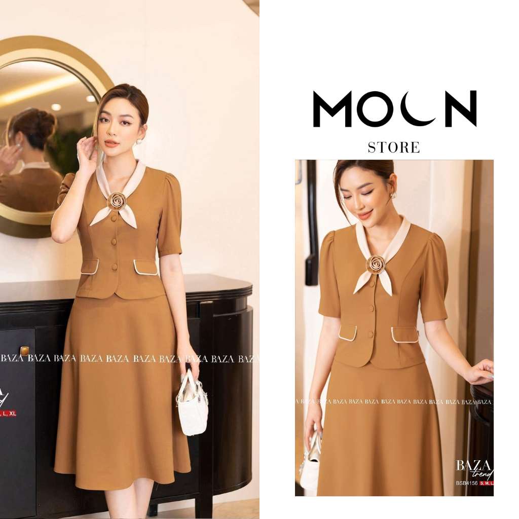 Set áo chân váy công sở, áo dáng ngắn mix chân váy dài vải tằm xếp ly sang chảnh BSB4156 Moon