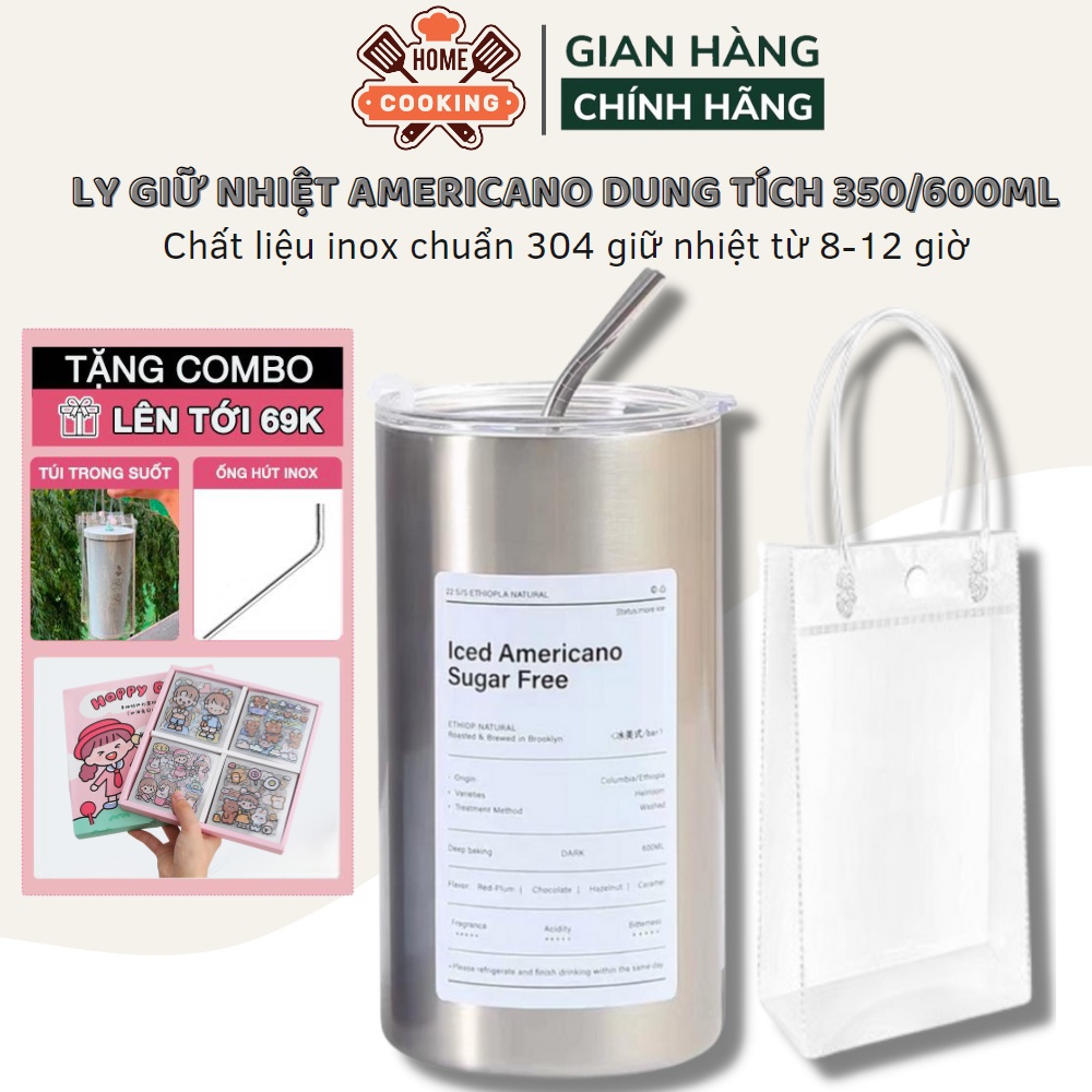 Ly giữ nhiệt Americano dung tích 350/600ml, cốc giữ nhiệt uống cafe inox 304, tặng kèm ống hút