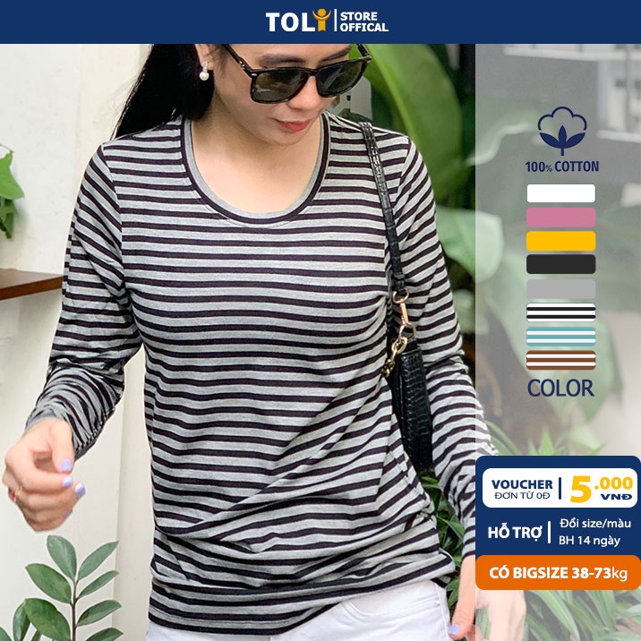 Áo thun tay dài nữ TOLI cổ tròn dáng ôm vừa, màu sọc, vải cotton mềm mịn, co dãn 4 chiều cao cấp [LH18]
