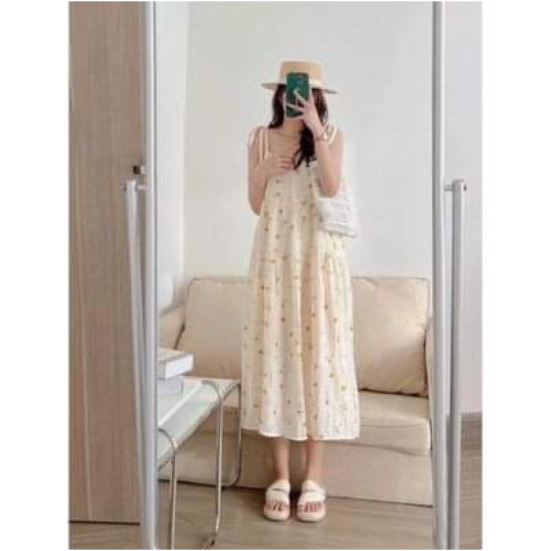 Váy 2 Dây Buộc Nơ In Hoa Nữ [FREESHIP]🌸 Đầm đũi 3 tầng , babydoll bánh bèo tiểu thư Ulzzang 🌸