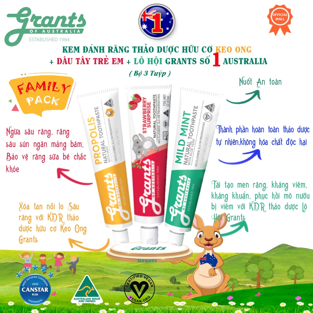 Kem đánh răng thảo dược hữu cơ Grants of Australia - Bộ 3 tuýp-Keo ong Grants +Lô hội Grants + Dâu Tây trẻ em Grants
