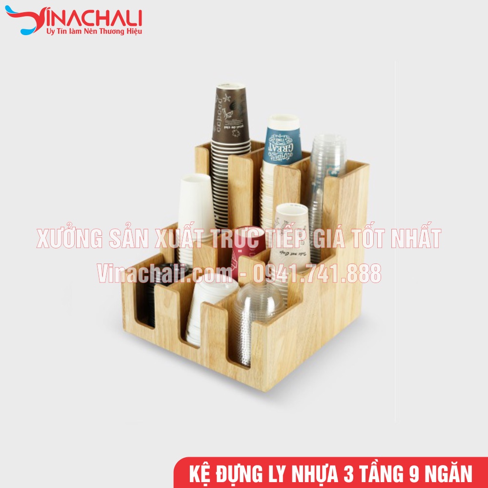 Khay Đựng Ly, Kệ Đựng Ly Nhựa Trà Sữa, Cốc Giấy 3 Tầng 9 Ngăn - Gỗ Tự Nhiên Cao Cấp
