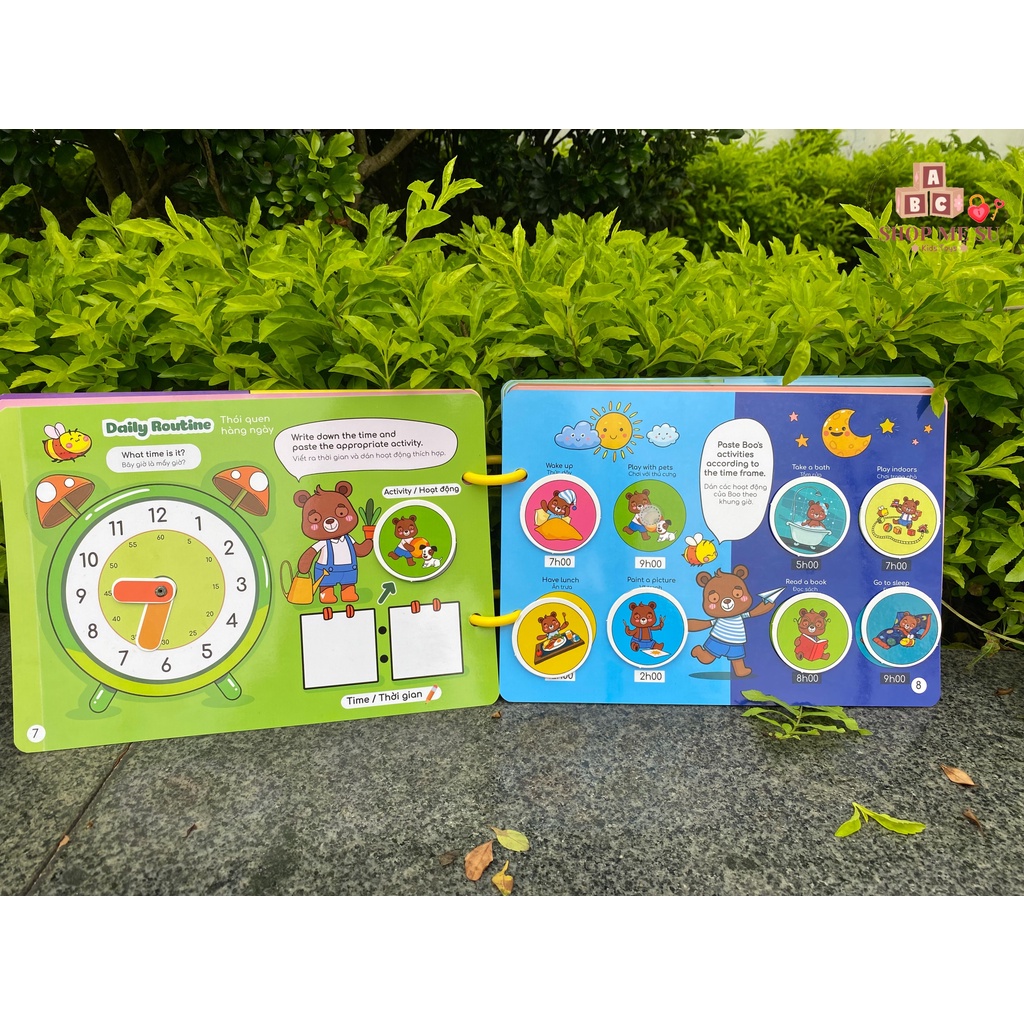 Học liệu bóc dán Montessori thông minh cho bé, busy book Beezi Book phiên bản mở rộng thêm tính năng tô xóa - xanh lá