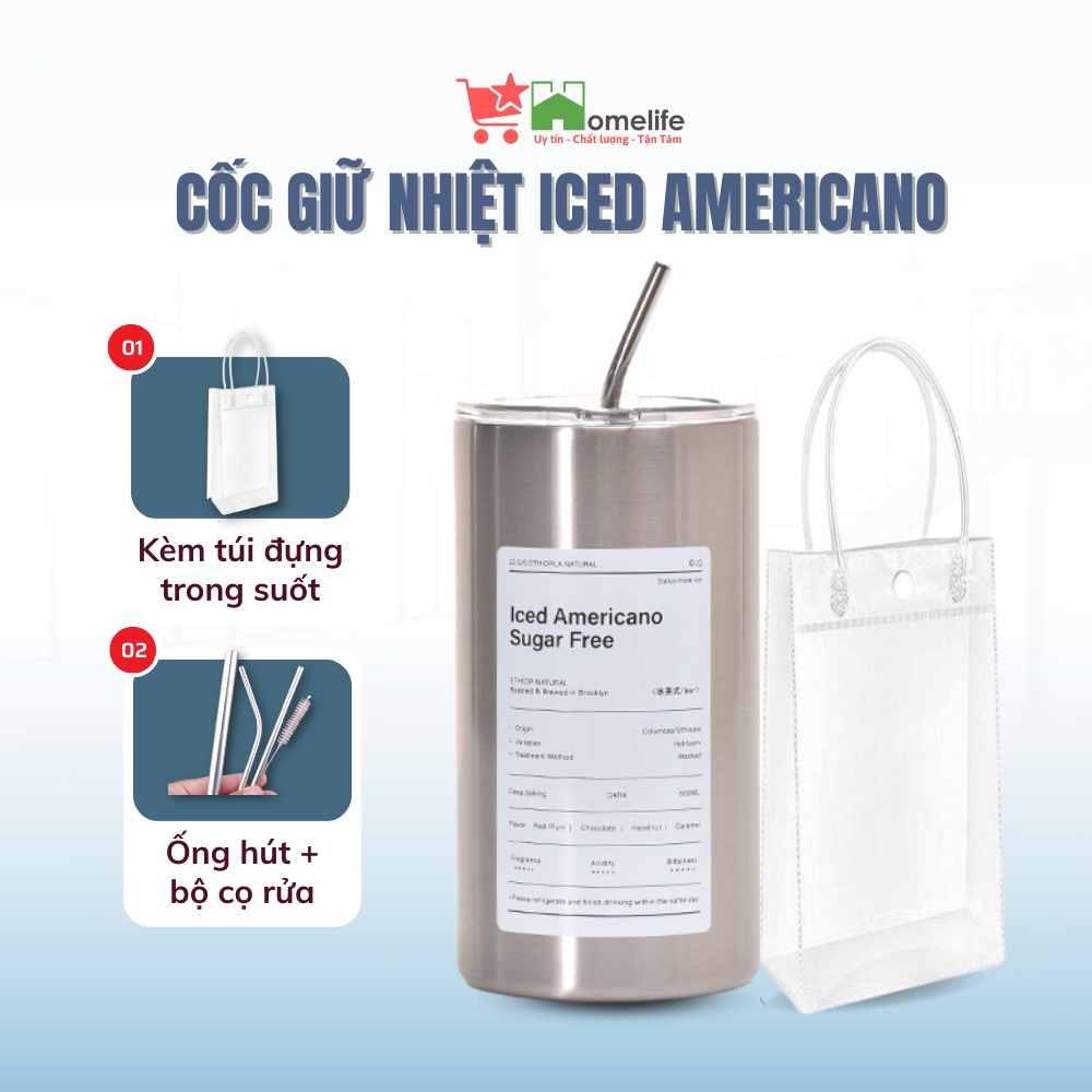 Cốc Giữ Nhiệt Iced Americano Dung Tích 600ML Kèm Ống Hút, Giữ Đá Lâu 6-8 Tiếng - Cốc Uống Nước, Cafe Giữ Nhiệt Cao Cấp