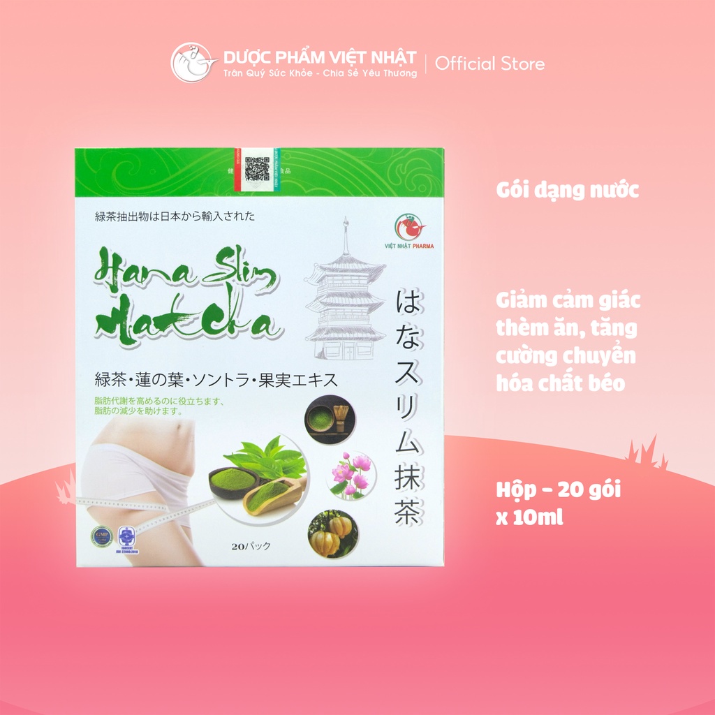 Nước Uống Giảm Cân Hana Slim Matcha (thư pháp) giúp tăng cường chuyển hóa chất béo, giảm béo. Hộp - 20 gói x 10ml
