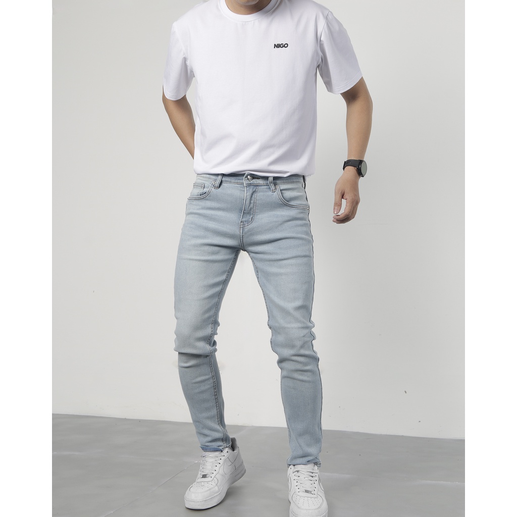 Quần jean nam xanh sáng Skinny Tape Light03 Nigo quần bò xanh sáng ống ôm co giãn cao cấp