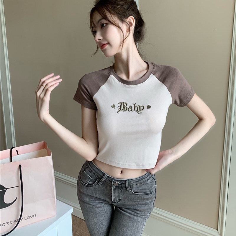 Áo Croptop Ôm Body Nữ BABY THÊU Cổ Tròn Tay Ngắn, Áo Thun Croptop Kiểu Sexy Thêu Họa Tiết chất thun gân dày dặn loại 1