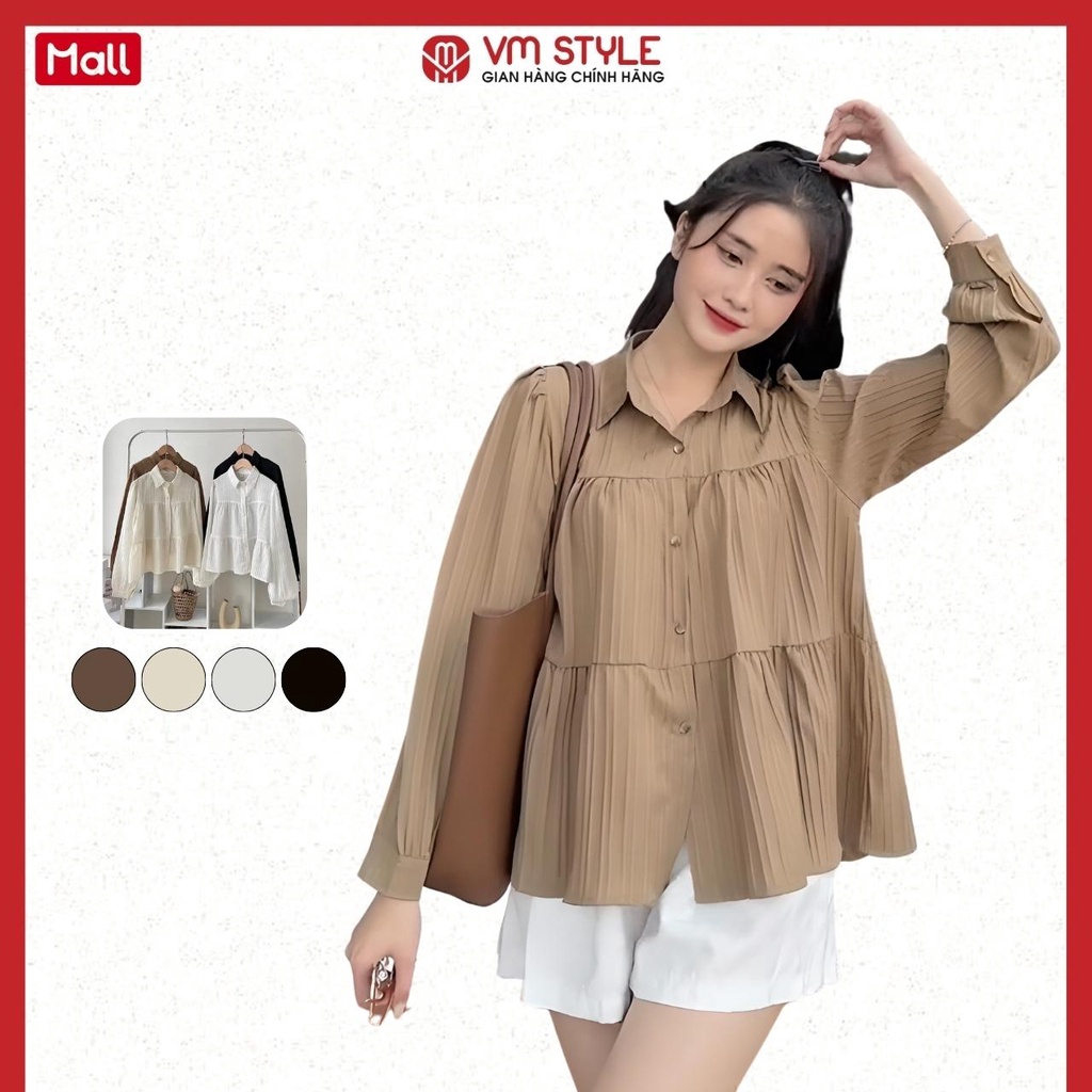 Áo kiểu nữ VMSTYLE dáng babydoll tay dài cổ bẻ 3 tầng phong cách tiểu thư - ASU00356