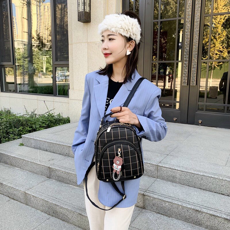 Balo móc gấu hàng Quàng Châu cao cấp da PU đựng vừa sách vở