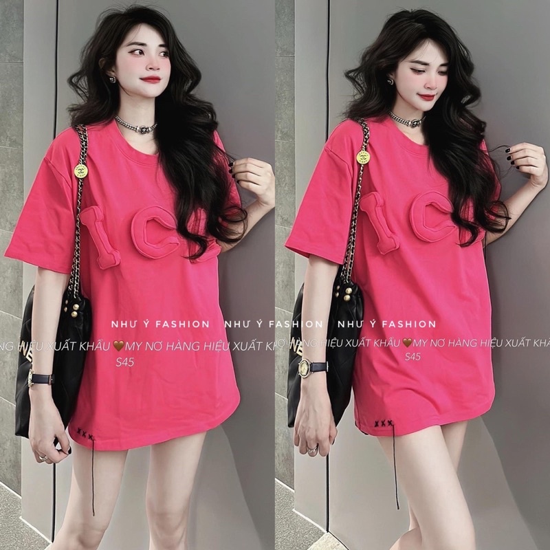 Áo phông màu hồng chữ ICE in nổi hàng QC dáng rộng chuẩn hot girl loại 1 - hàng có sẵn