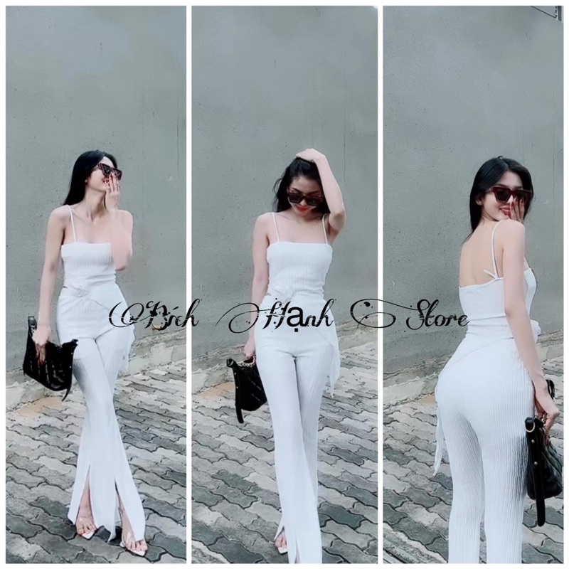 Set Sóng Nhún Hoa Hồng Vạt Xéo Quần Loe Sịn Hình Thật