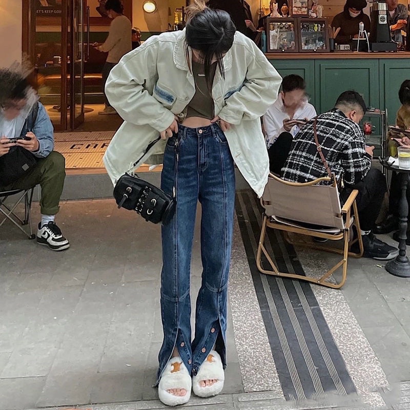 khui bom siêu phẩm nặng tay chuẩn size Quần jean dài IMAODOU ống loe xẻ tà màu xanh lam đậm/ đen lưng cao nút đồng
