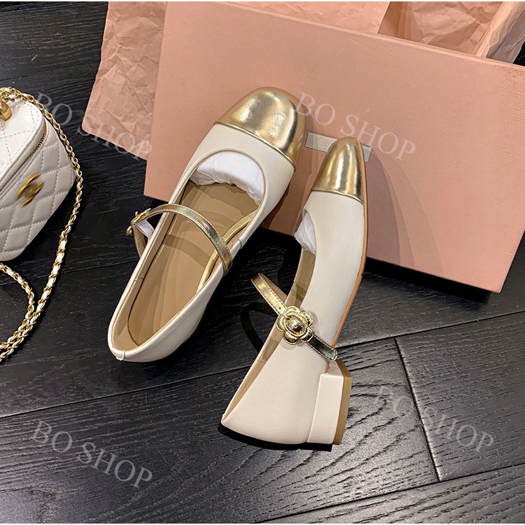 Giày búp bê nữ 3 cm mũi tròn mạ vàng kim gót vuông dây quai cài mạ mix hai màu sang trọng cá tính BO SHOP