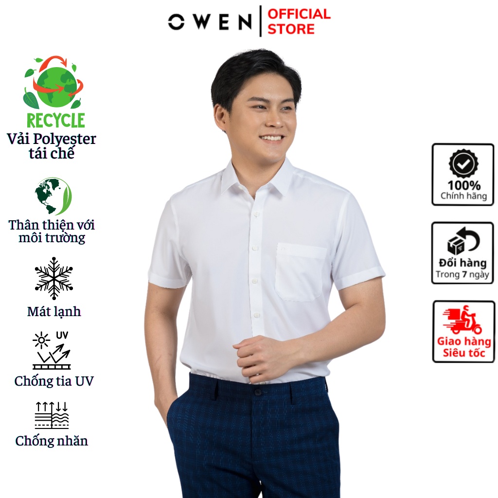 Áo sơ mi trắng nam ngắn tay OWEN somi công sở vải polyester tái chế cao cấp dáng suông có túi tà bằng hoặc đuôi tôm