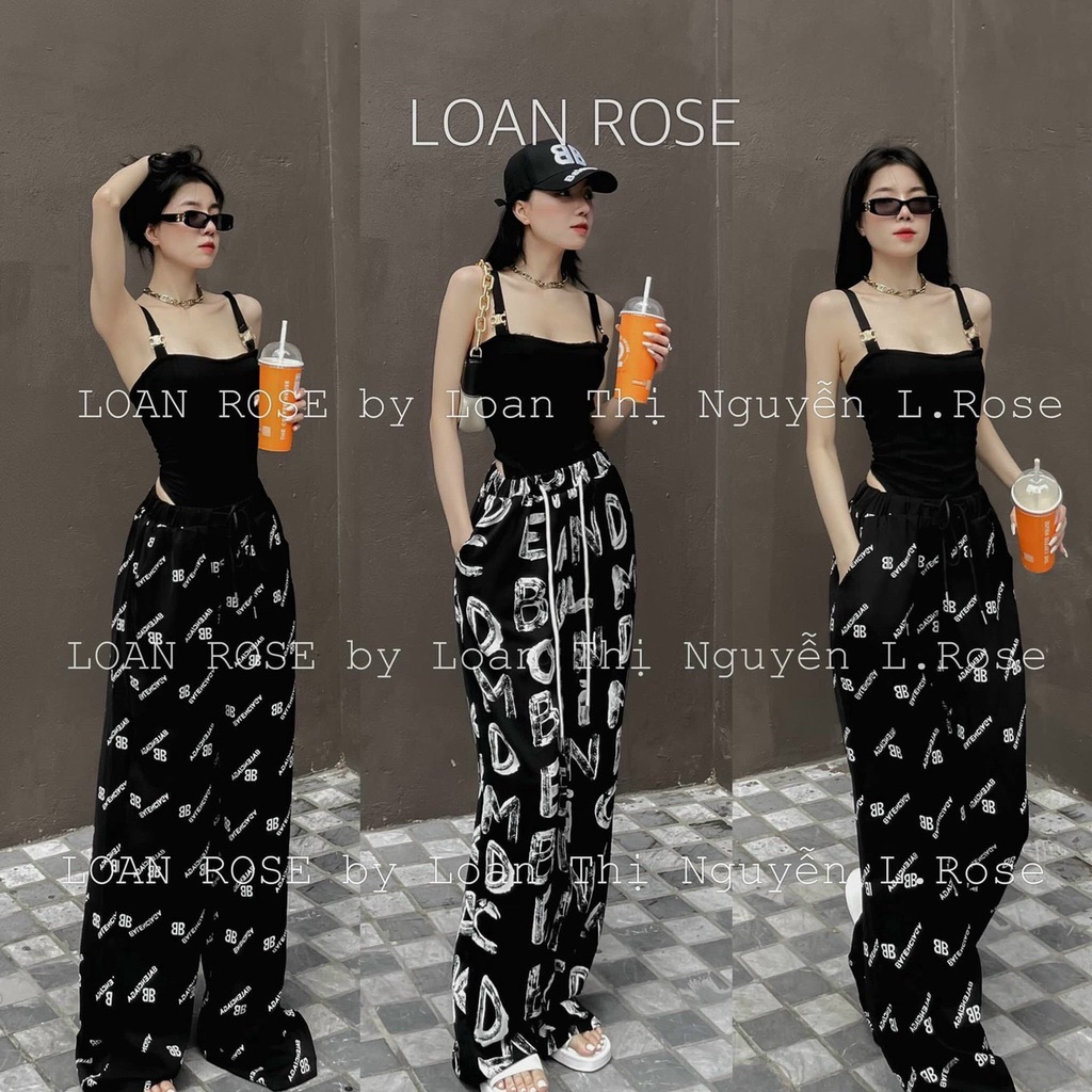 Set bộ nữ chất thun gân áo hai dây mix quần dài dáng suông thời trang, Set bộ thun gân áo 2 dây kèm quần dài ống suông
