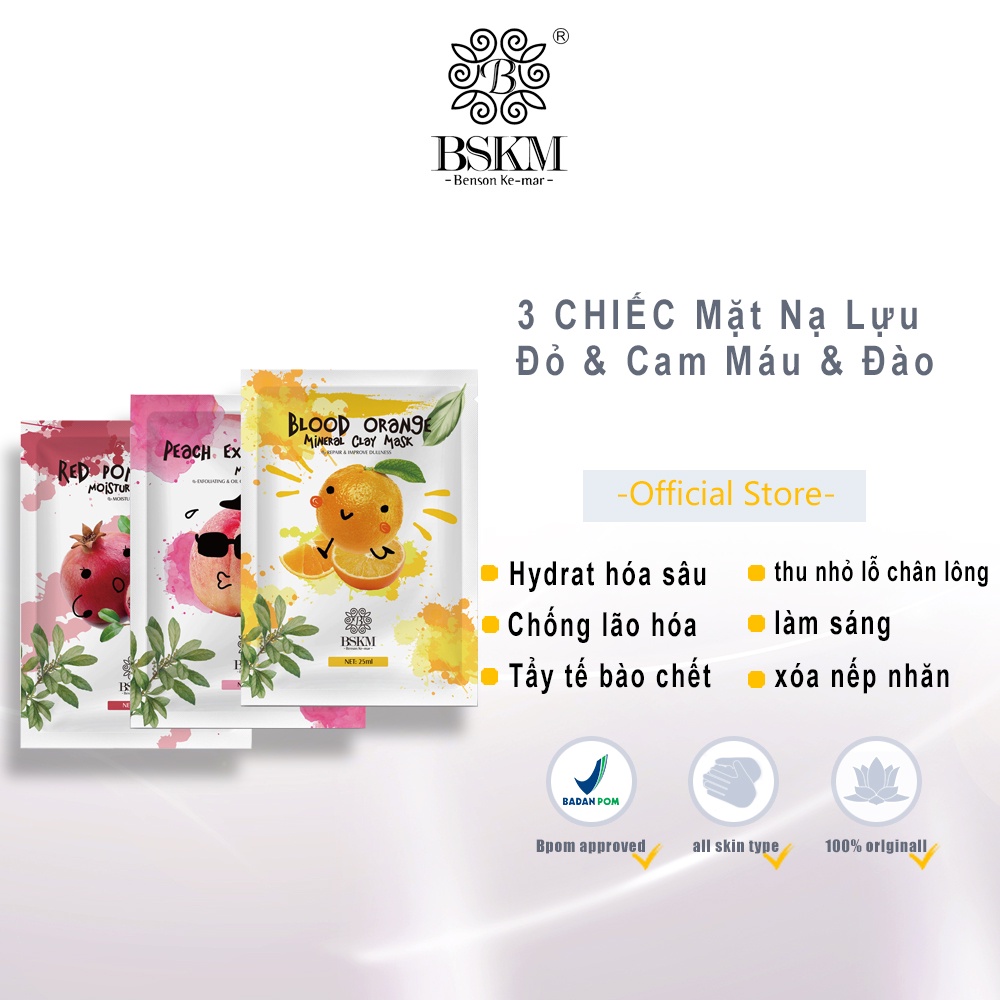 Set 3 mặt nạ BSKM chiết xuất trái cây dưỡng ẩm tẩy tế bào chết cải thiện da xỉn màu và se khít lỗ chân lông