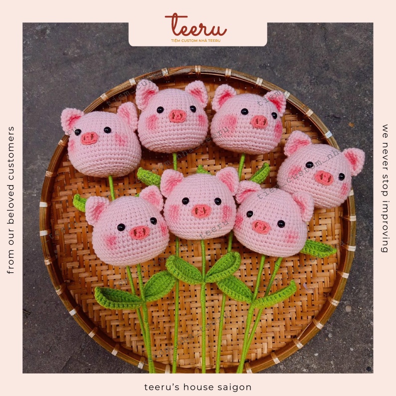 Hoa Len Hình Heo hồng, móc bông hoa heo hồng bằng len handmade - Crochet Teeru's House