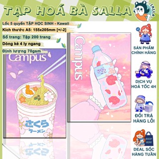 Lốc 5 Quyển Tập Vở Campus A5 Kawaii 200 trang 4 ly ngang, Giấy 70Gsm