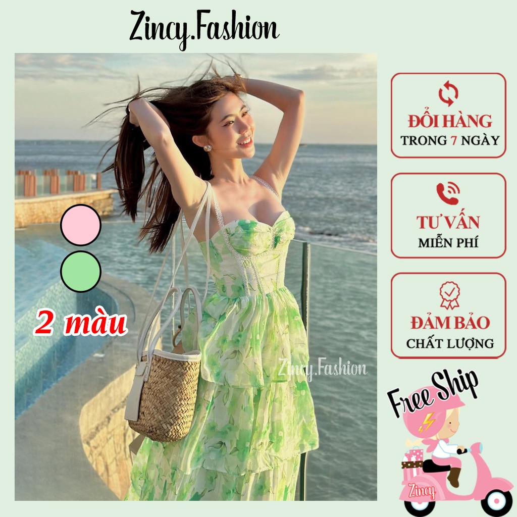 Đầm maxi đi biển 2 dây cúp ngực xòe tầng, váy hoa nữ dáng dài thiết kế Zincy MX2TA003