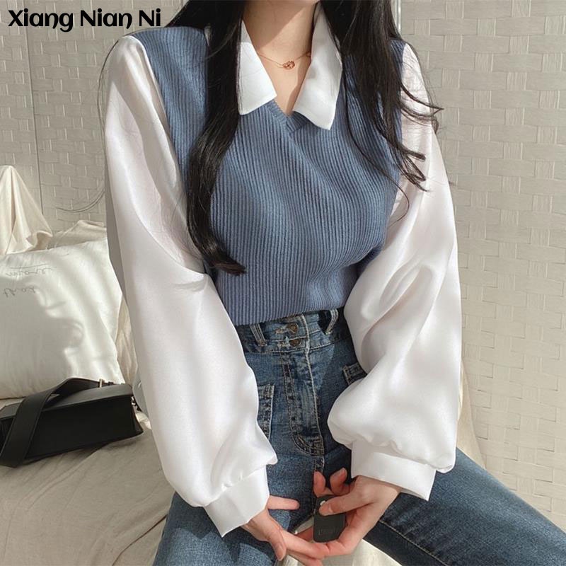 Áo sweater Xiang Nian Ni giả hai lớp cổ polo ghép nối màu tương phản phong cách đường phố thời trang cao cấp dành cho nữ