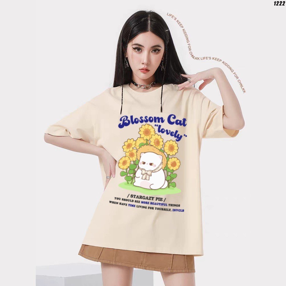 Áo thun tay lỡ HY KOREA Mèo hoa hướng dương 1222 nam nữ cotton 75% form rộng