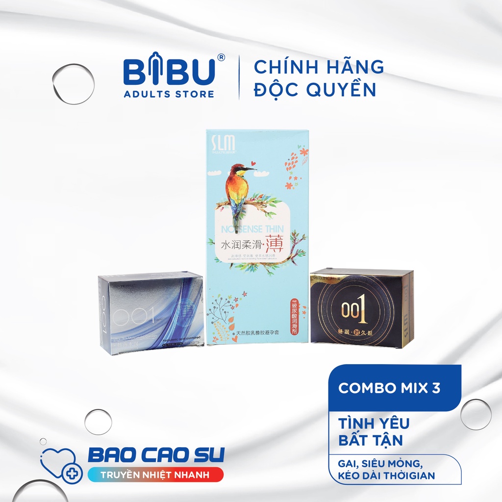 Bao cao su BIBU SLM Combo mix 3 loại Tình Yêu Bất Tận, size 52mm, hộp 3 cái