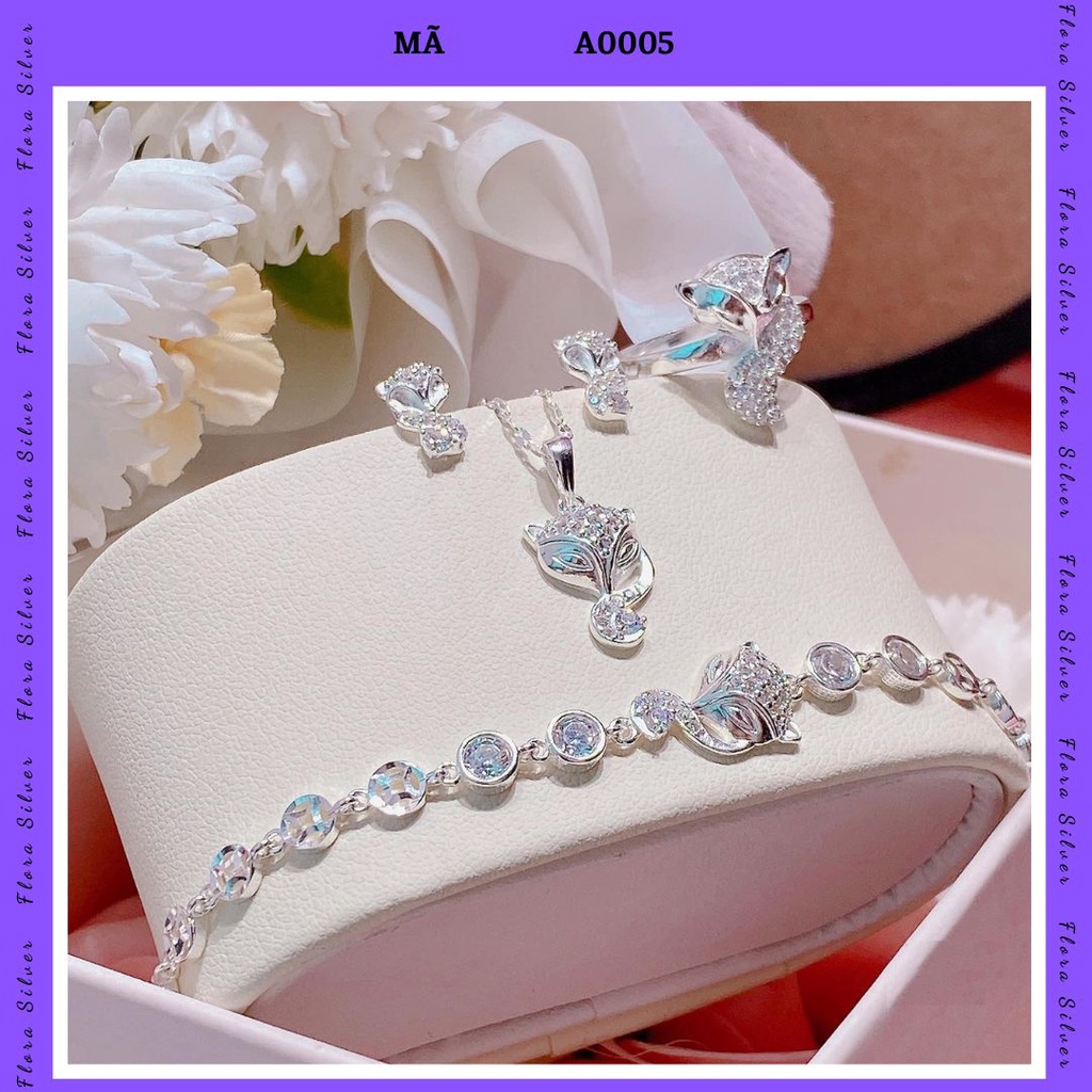 Bộ trang sức bạc ta, bạc S925 dành cho nữ - Dây chuyền, bông tai, nhẫn, lắc tay hình hồ ly FLORA A0005