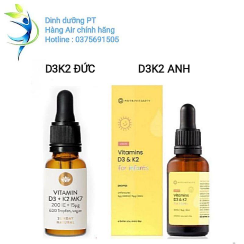 Vitamin D3 K2 MK7 Sunday Natural 20ml Đức và Vitamin D3K2 MK7 Anh 30ml  .