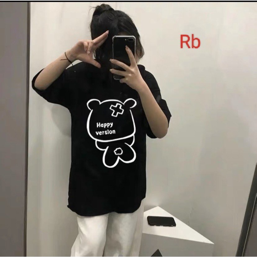 Áo thun nữ gấu Happy ,áo phông cotton su chất trơn unisex form dáng thụng rộng tay lỡ chất màu đen trắng