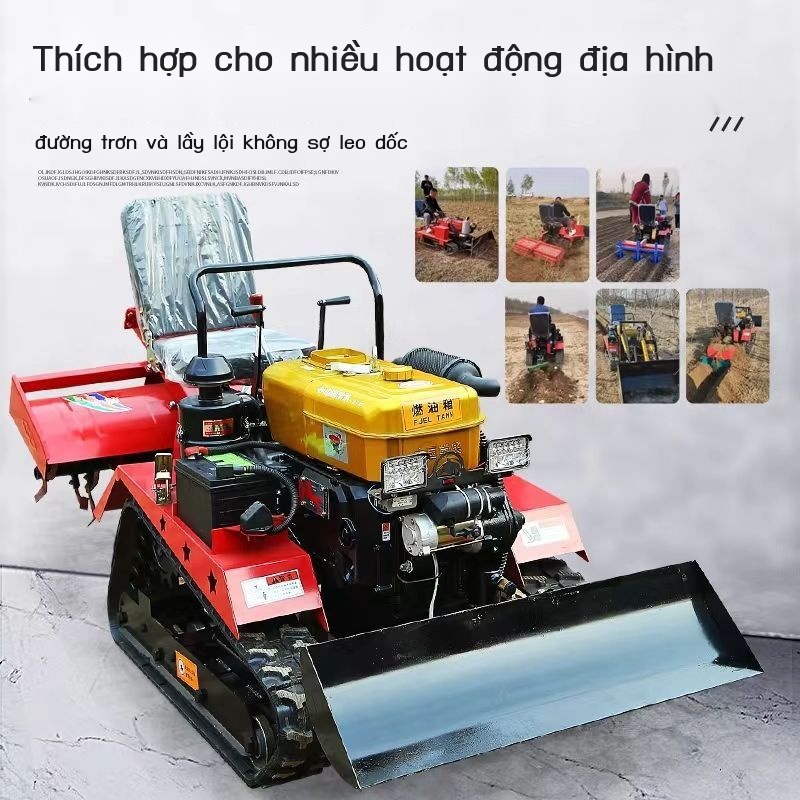 Máy xới quay bánh xích nhỏ đa chức năng bỏ rải phân bón vườn cây ăn trái đi xe kéo đất