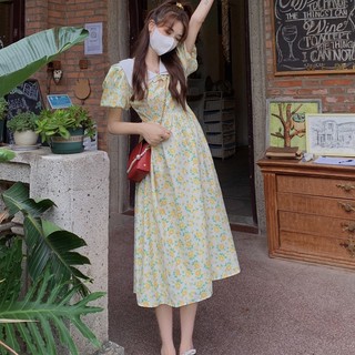 Đầm Hoa Nữ Mùa Hè Búp Bê Mới Cổ Áo Nhỏ Eo Giảm Béo Màu Vàng Sica25
