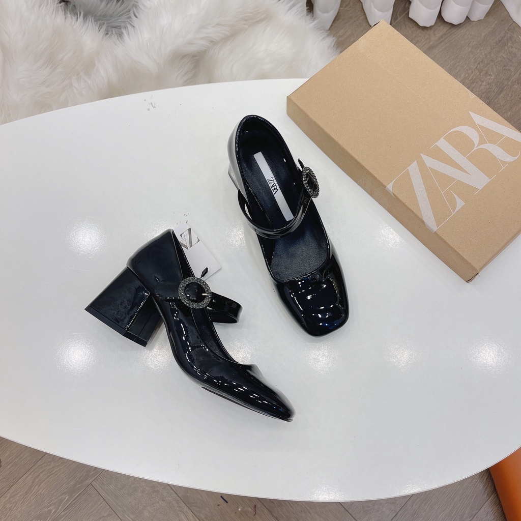 Giày zara gót vuông quai ngang khoá cài da bóng, gót 6cm